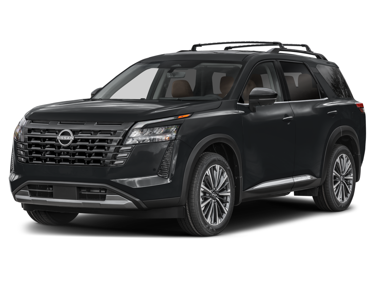 2026 Nissan Pathfinder Platinum in SUPER BLACK — front three-quarter view